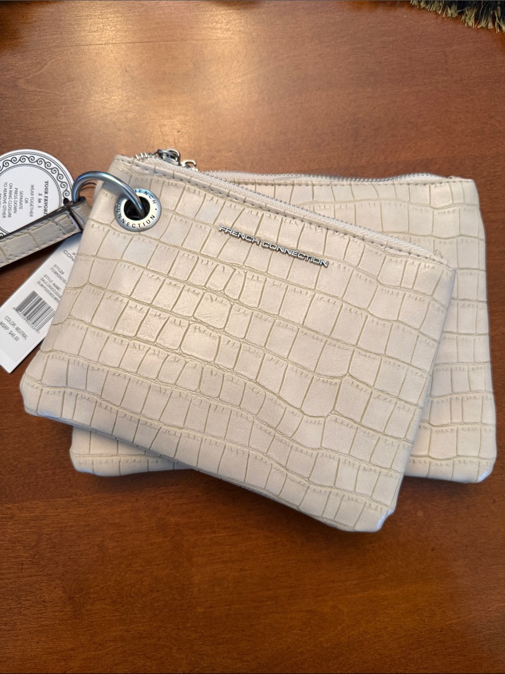 French Connection Croc-Embossed Double Pouch Wristlet - Cream